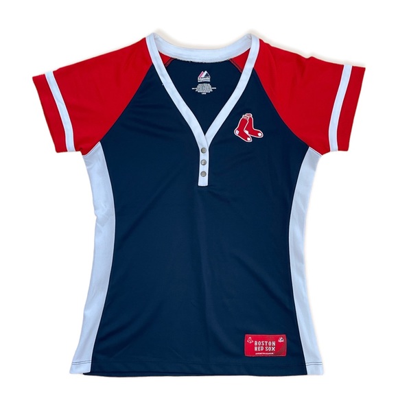 Majestic Tops - Boston Red Sox Majestic MLB V-Neck Short Sleeve Jersey Red White Blue Top L